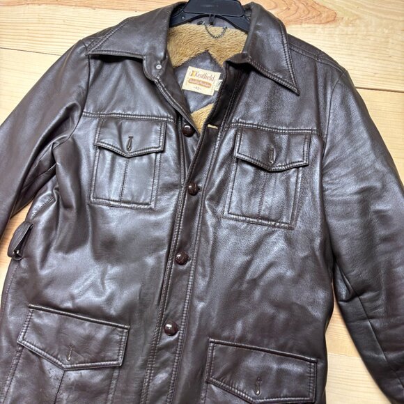 Vintage Kentfield Jacket Mens 42 Brown Sherpa Lined Faux Leather Coat 80s - Picture 2 of 15